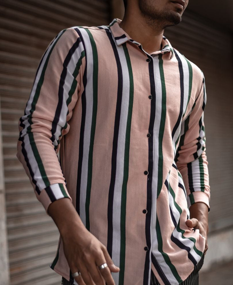 Pink Multi Stripe Button Style Full Sleeves T Shirt