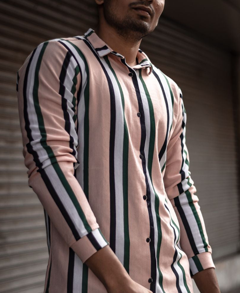 Pink Multi Stripe Button Style Full Sleeves T Shirt
