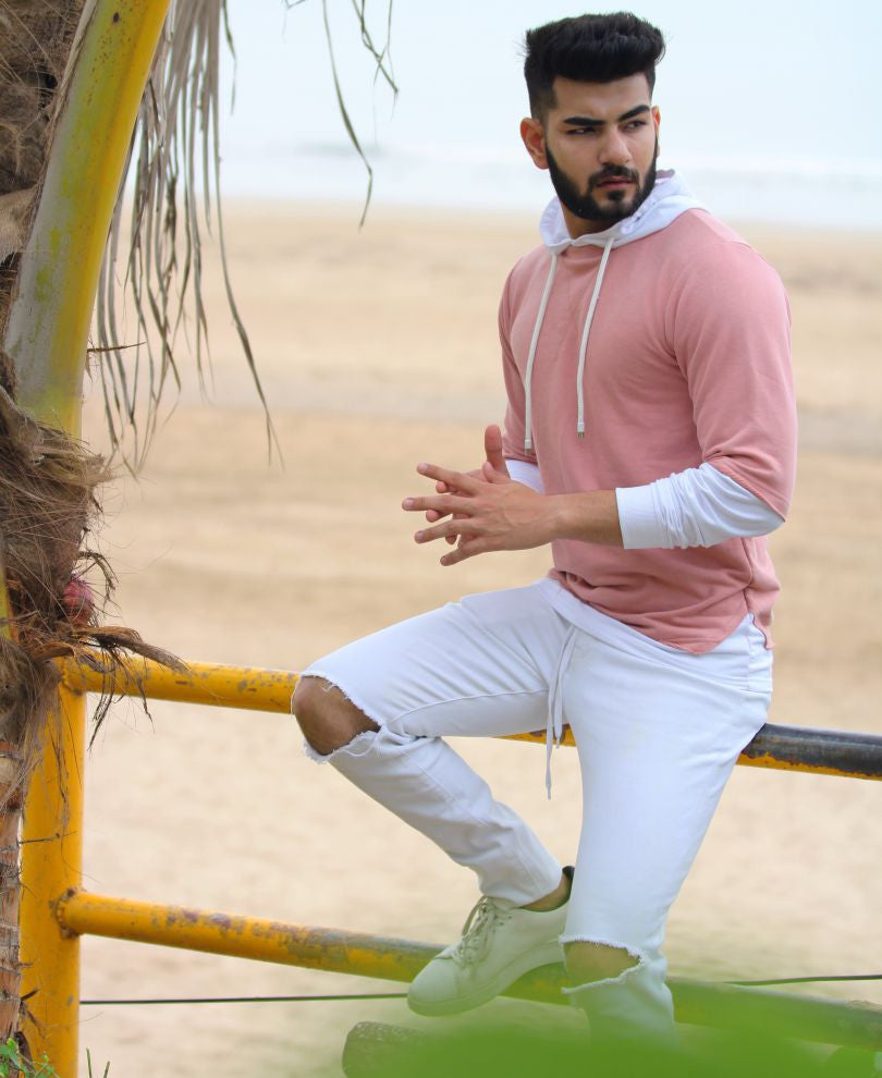Pink  Plain Hood Full Sleeves T Shirt
