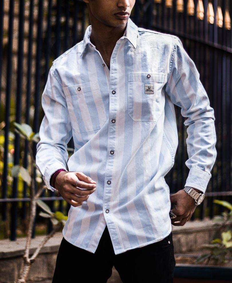 Sky Blue and White Stripe Denim Full Sleeves Shirt