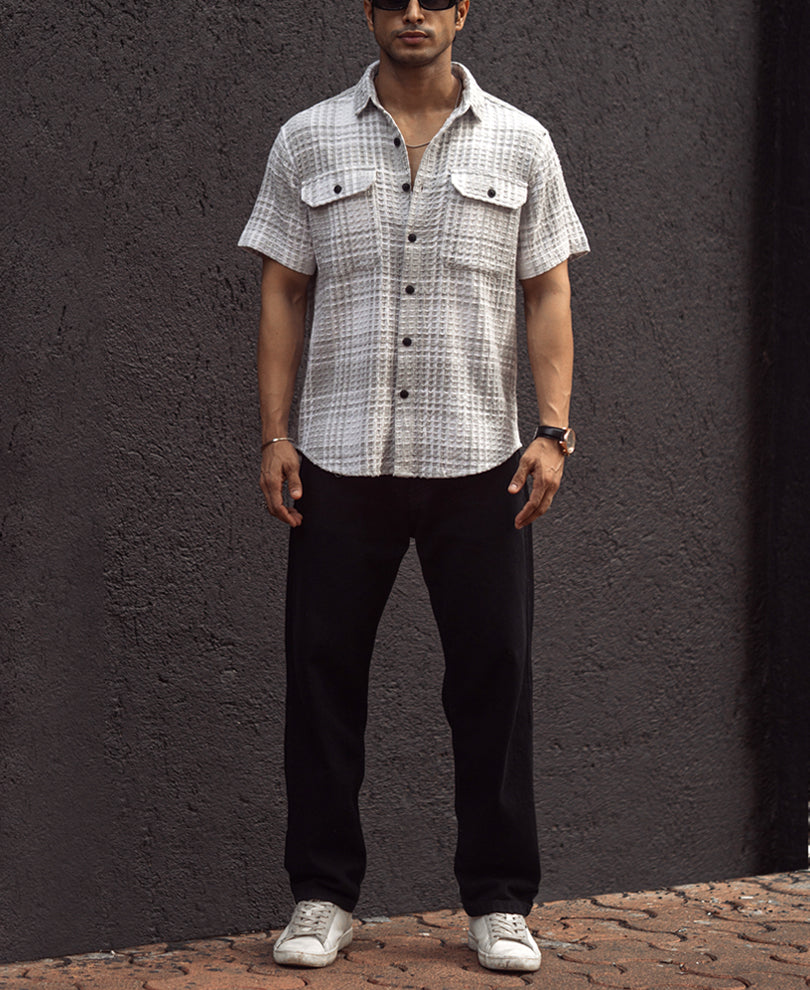 Grey and Off White Regular Fit Waffle Checks Shirt