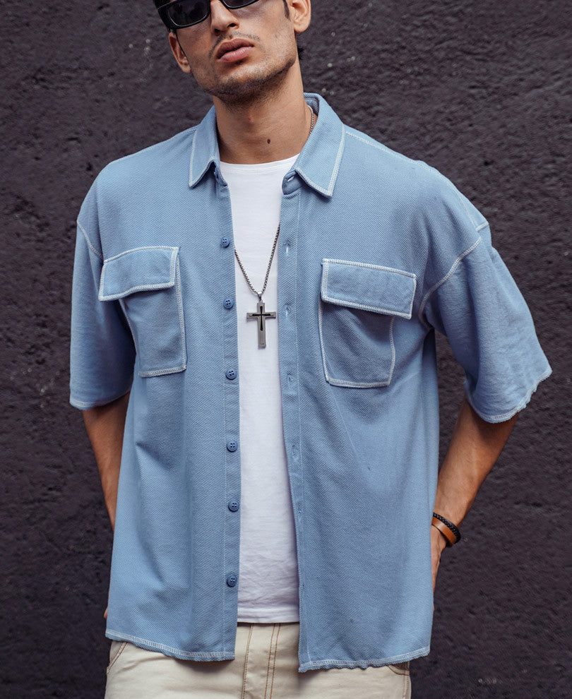 Sky Blue Contrast Stitch Knitted Shacket Oversize Drop Shoulder Shirt