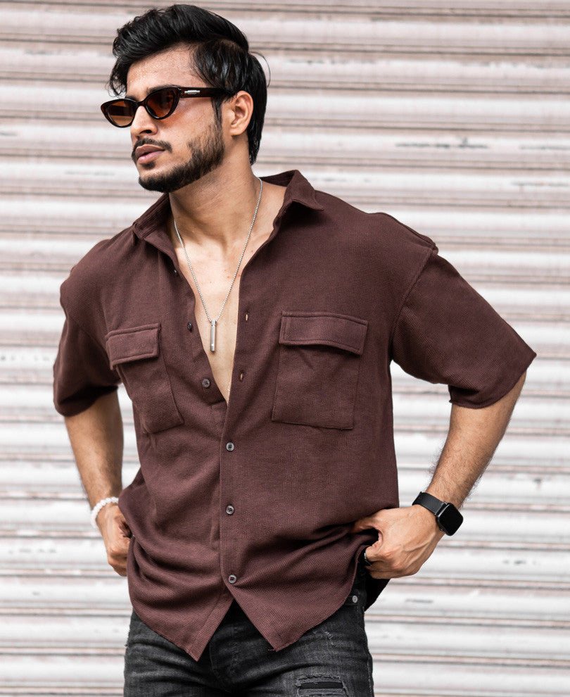 Dark Brown Chest Pocket Oversize Drop Shoulder Shirt