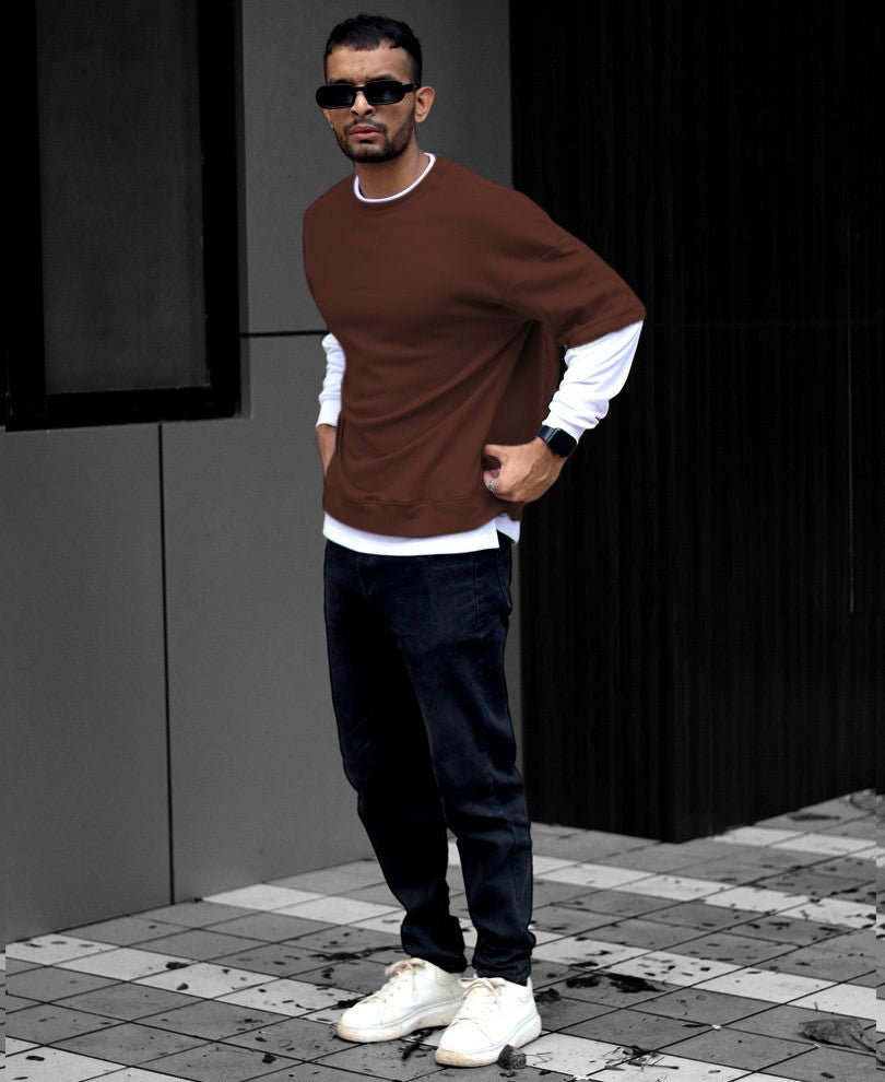 Brown With White Panel Attached Oversize Drop Shoulder T Shirt