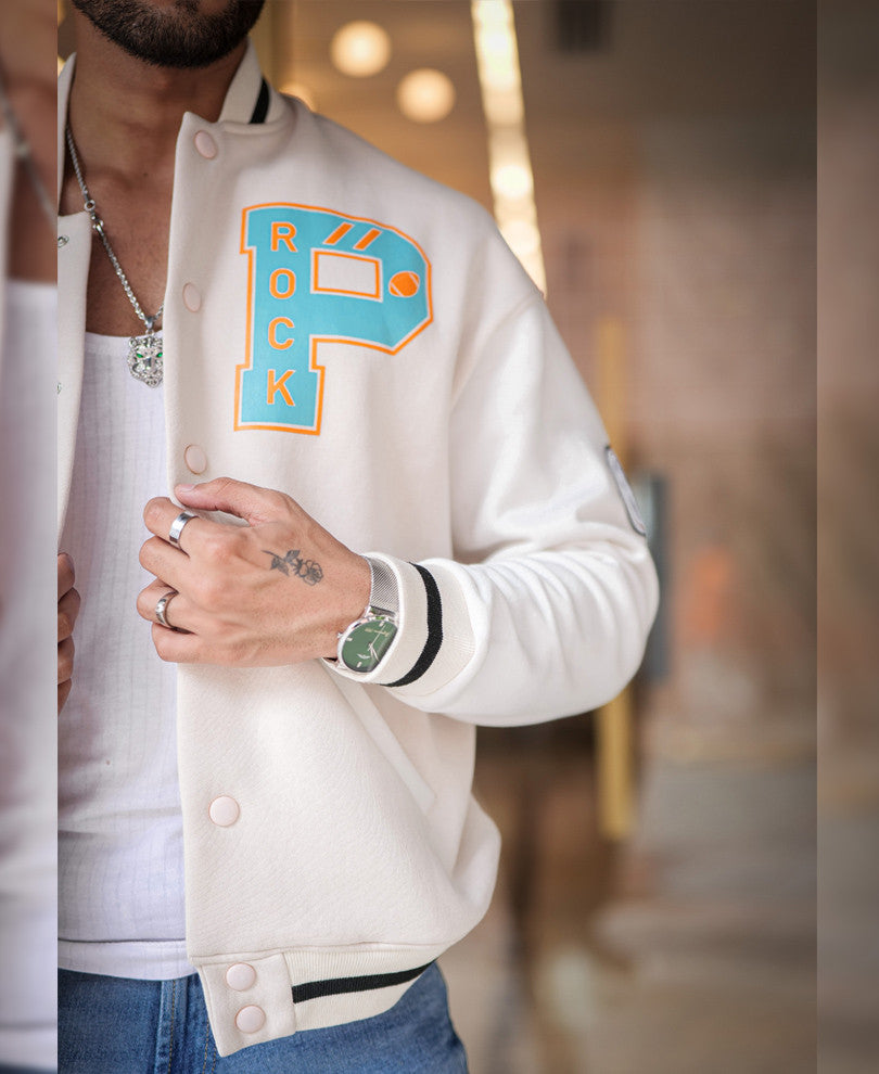 Cream Varsity Baseball Oversize Drop Shoulder Jacket