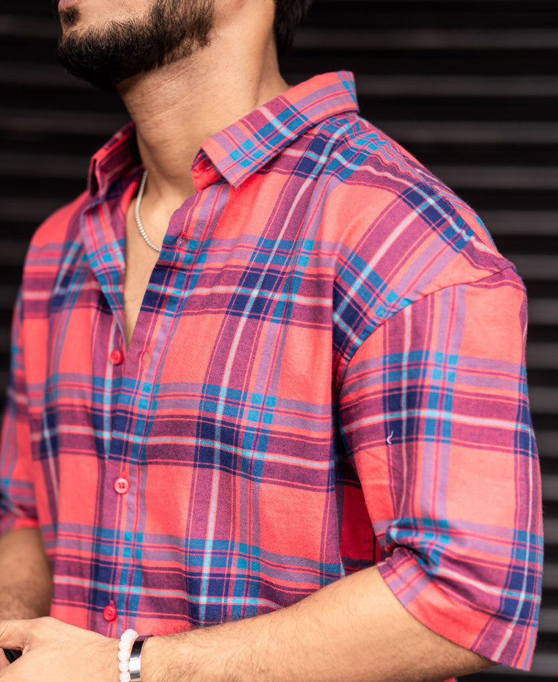 Pantone Orange Checks Oversize Drop Shoulder Shirt