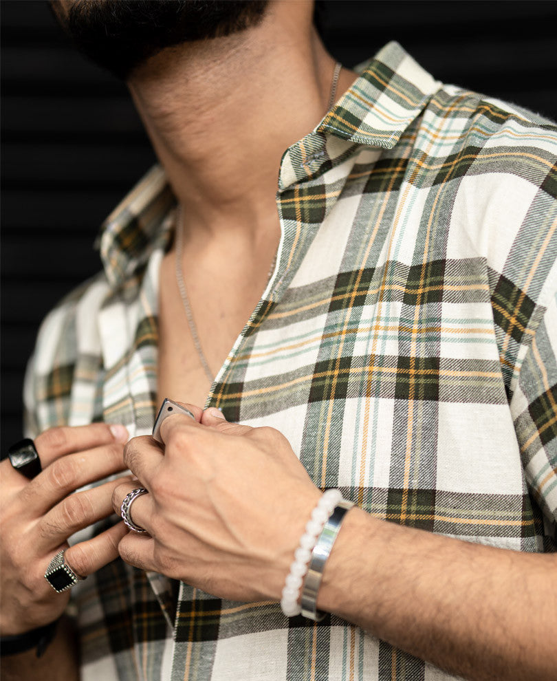 Cream Checks Print Oversize Drop Shoulder Shirt