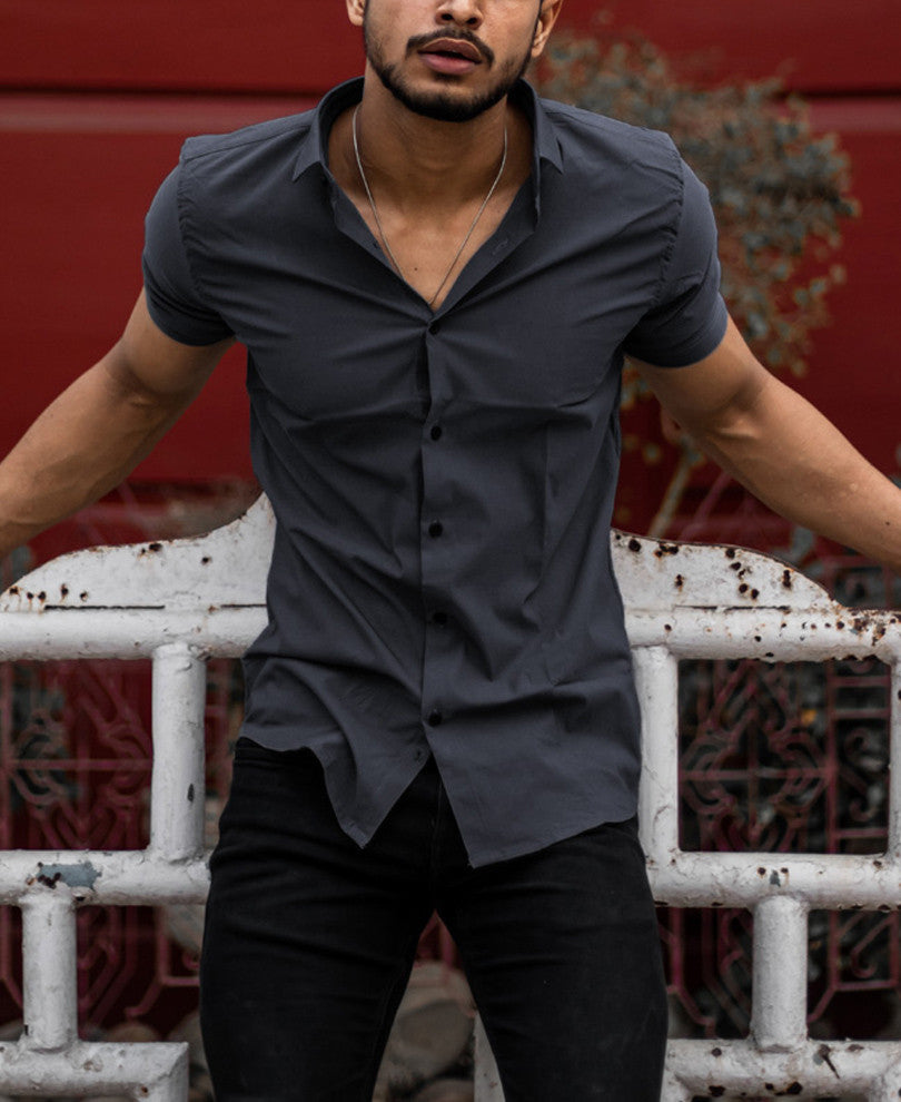 Urban Dark Grey Stretchable Solid Half Sleeves Shirt