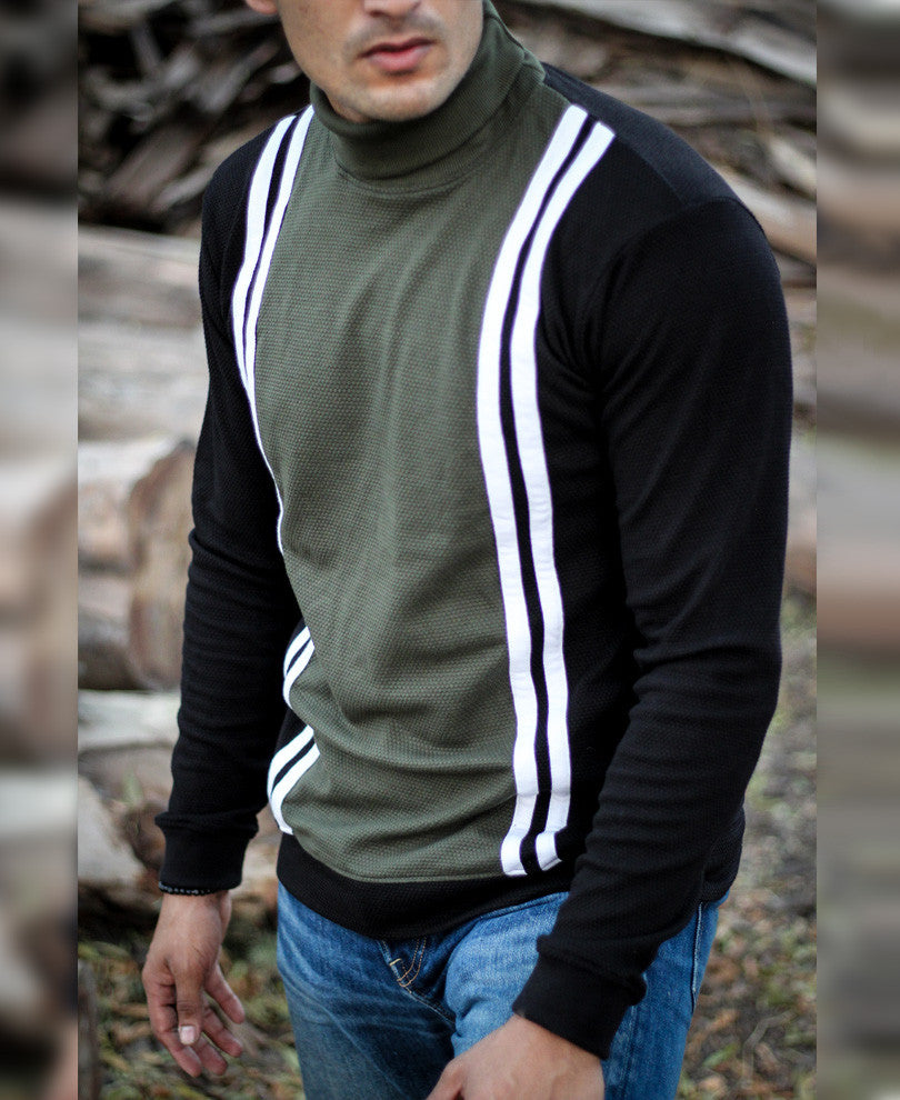 Olive Green Multi Stripe Polo Neck Full Sleeves T Shirt