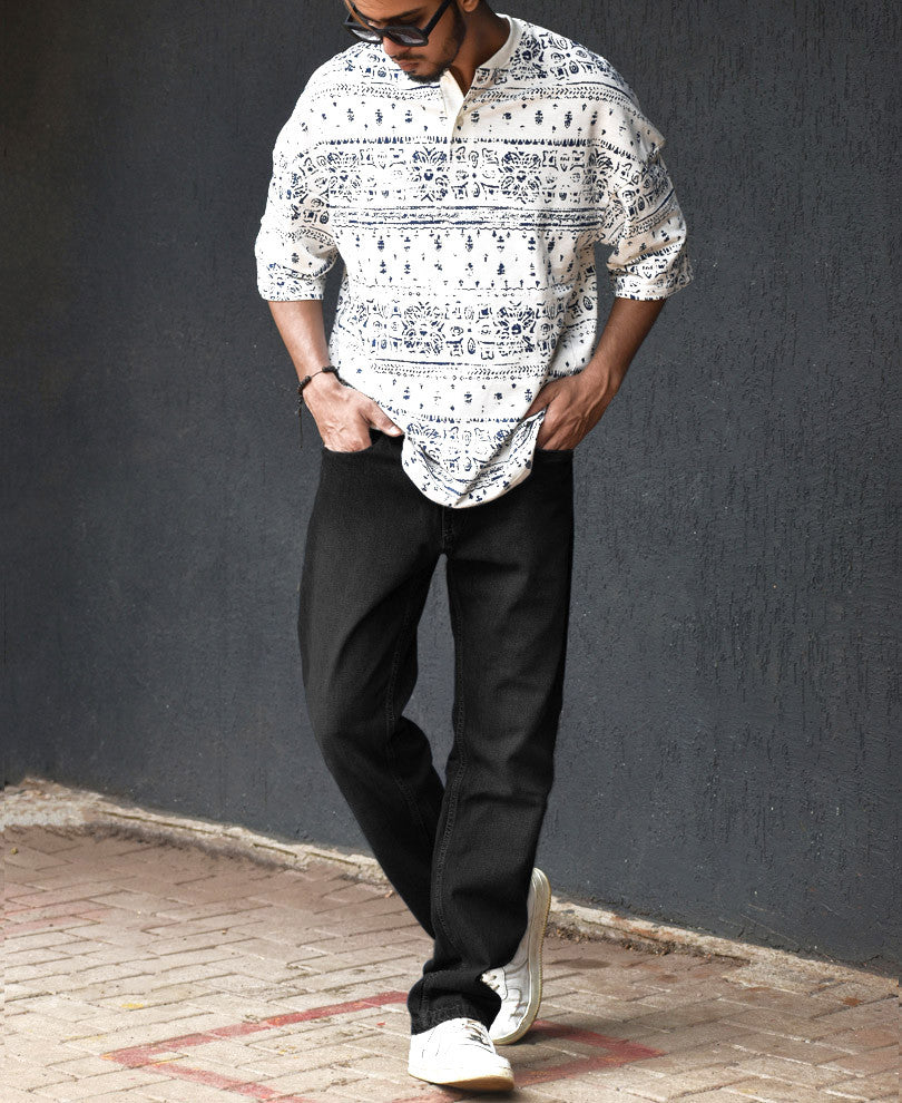 White Ancient Print Henley Oversize Drop Shoulder T Shirt