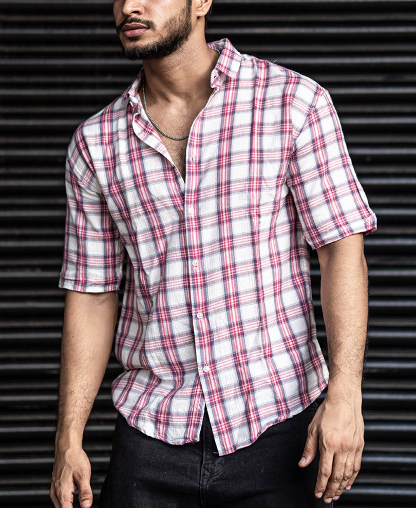 Pink And White Checks Oversize Drop Shoulder Shirt