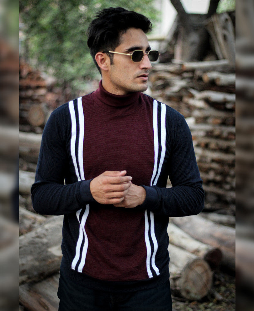 Maroon Multi Stripe Polo Neck Full Sleeves T Shirt