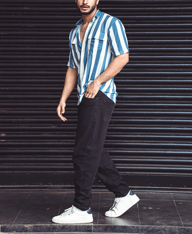 White And Blue Vertical Stripe Pocket Oversize Drop Shoulder Shirt