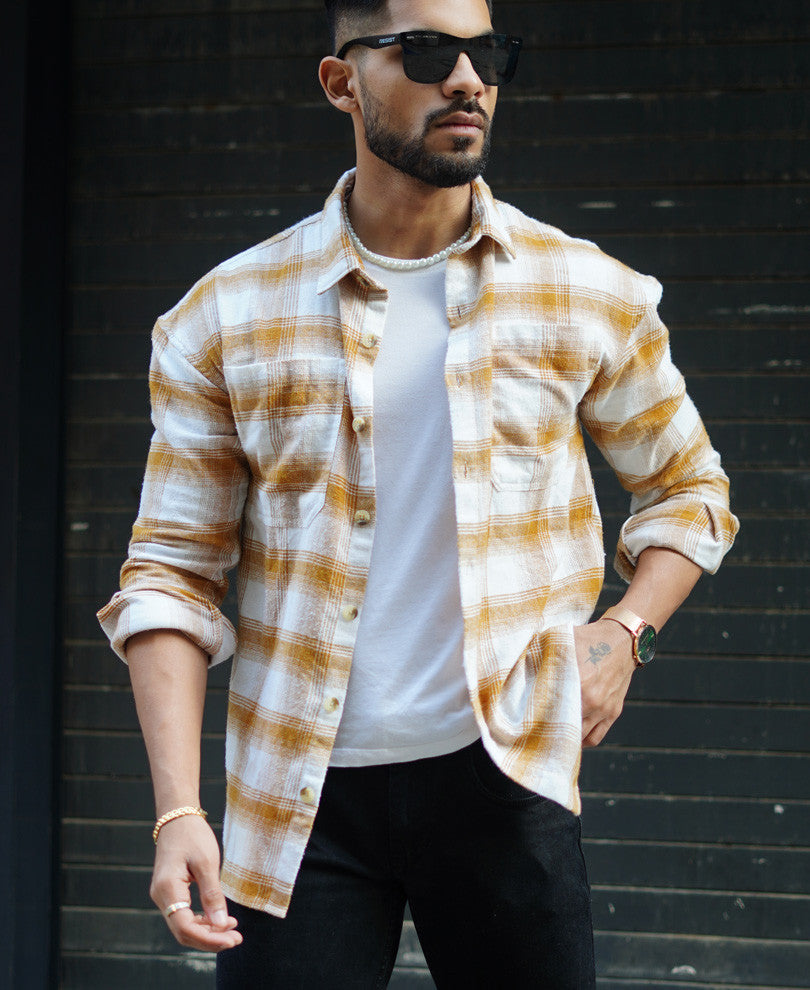 Camel Pocket Checks Oversize Drop Shoulder Shirt