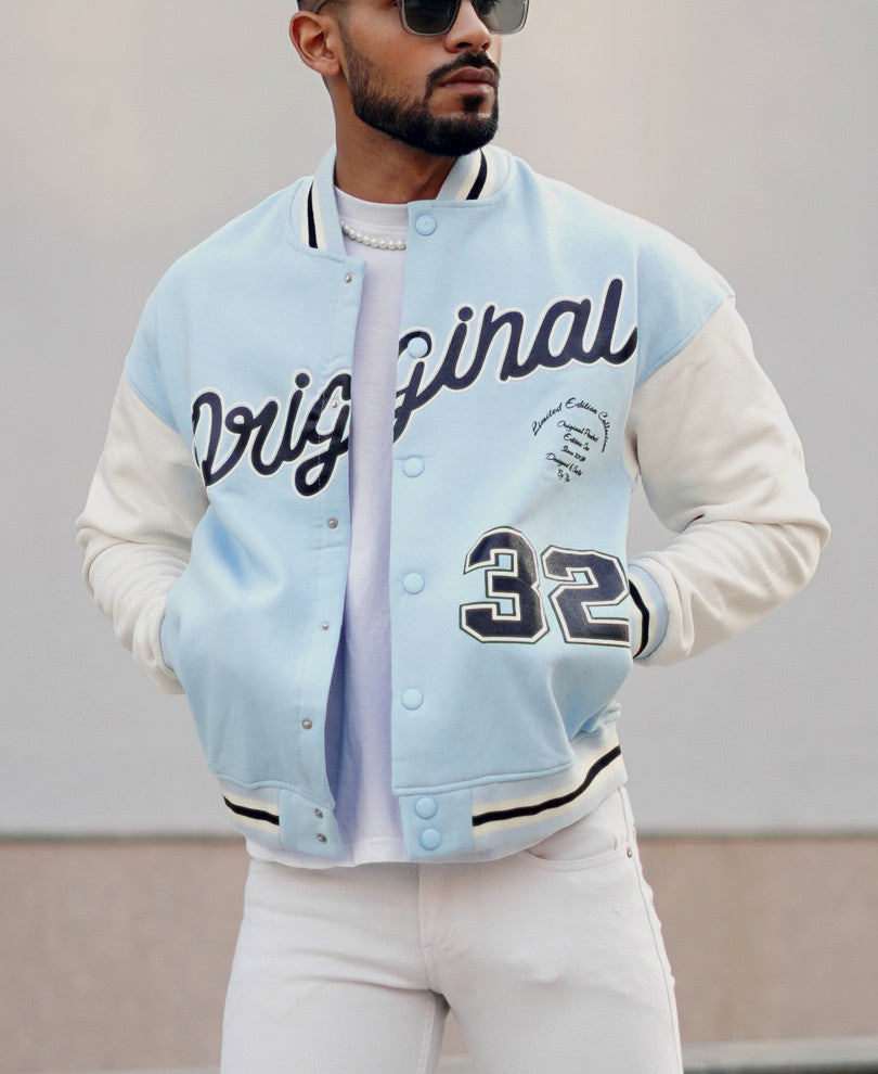 Sky Blue Original Print Oversize Varsity Jacket