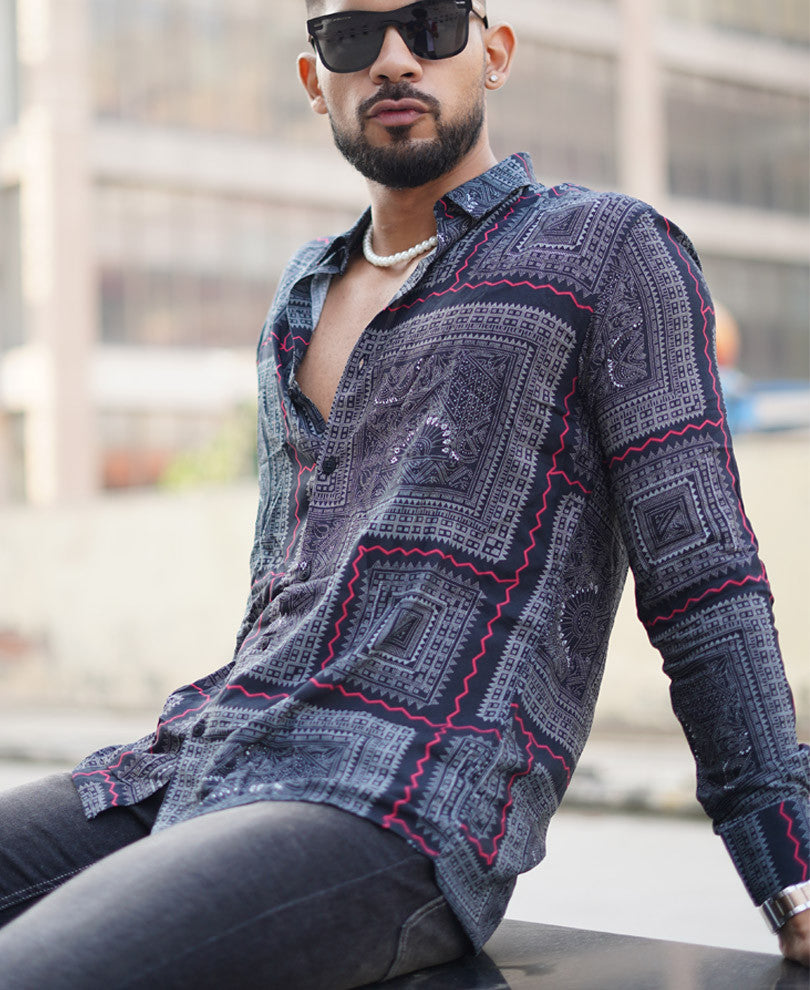 Black Mandala Art Print Full Sleeves Shirt