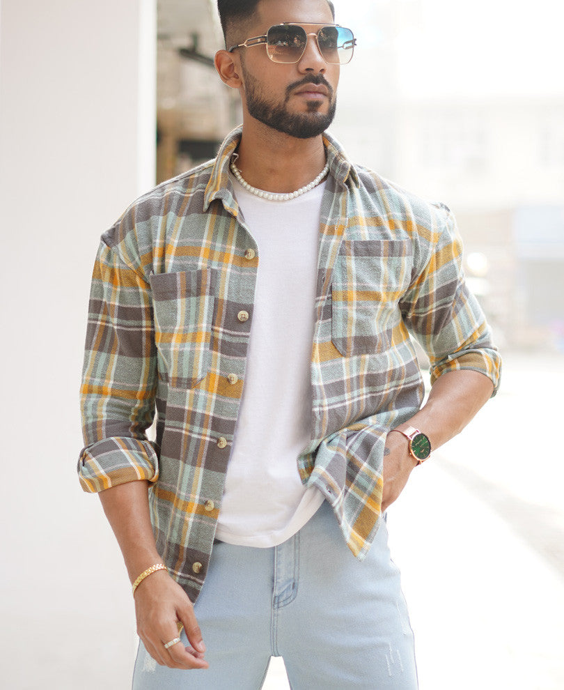 Mint Green Pocket Checks Oversize Drop Shoulder Shirt
