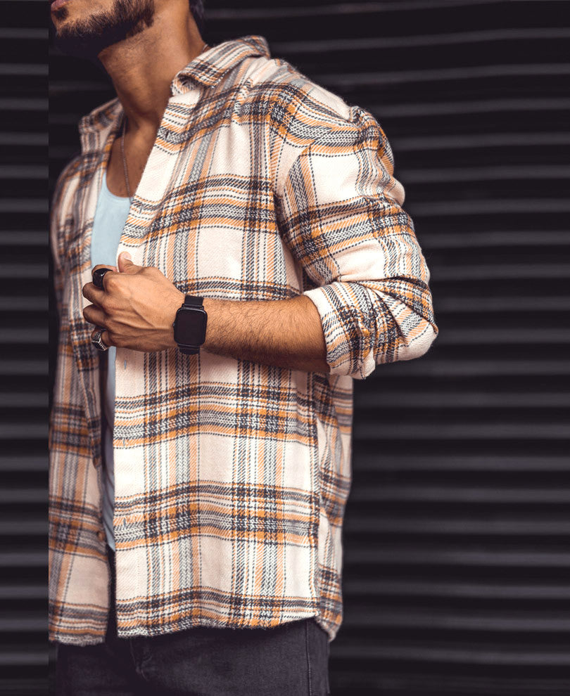 Cream And Mustard Checks Oversize Drop Shoulder Shirt
