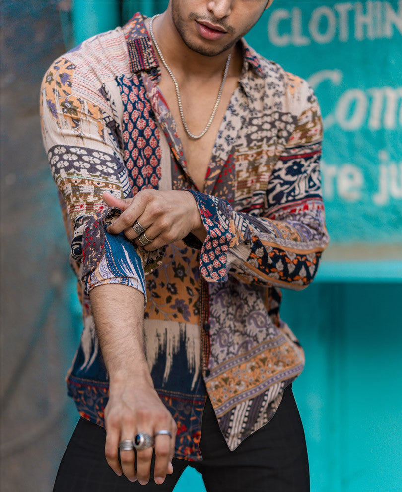 Brown Abstract Print Full Sleeves Shirt