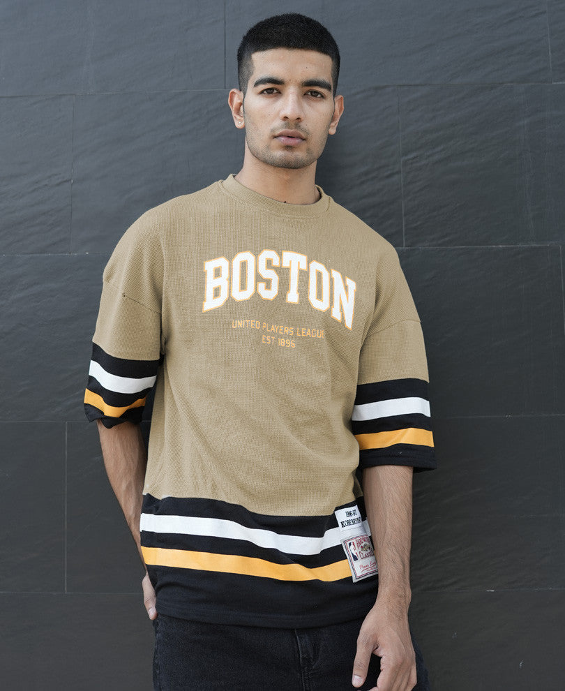 Beige Boston Oversize Drop Shoulder T Shirt