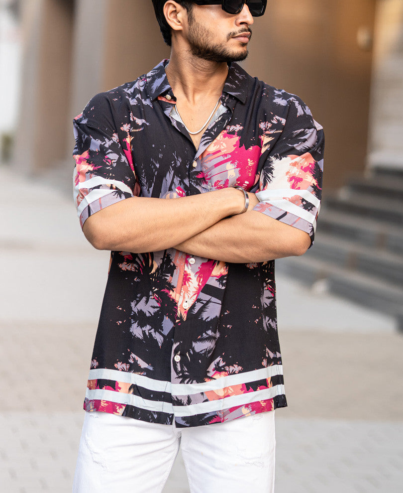 Black Hawaiian Print Oversize Drop Shoulder Shirt