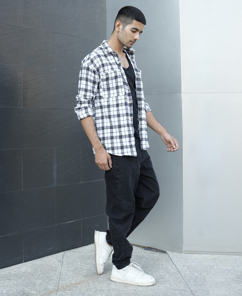 Black And White Checks Oversize Drop Shoulder Shirt