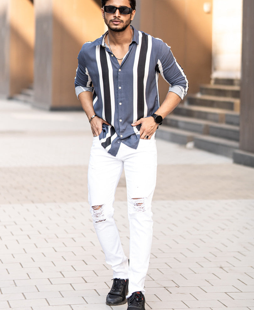 Grey Vertical Stripes Full Sleeves Shirt