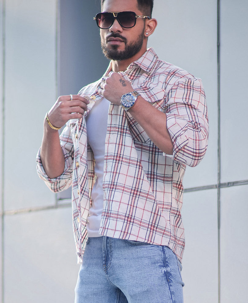 Cream Pocket Checks Oversize Drop Shoulder Shirt