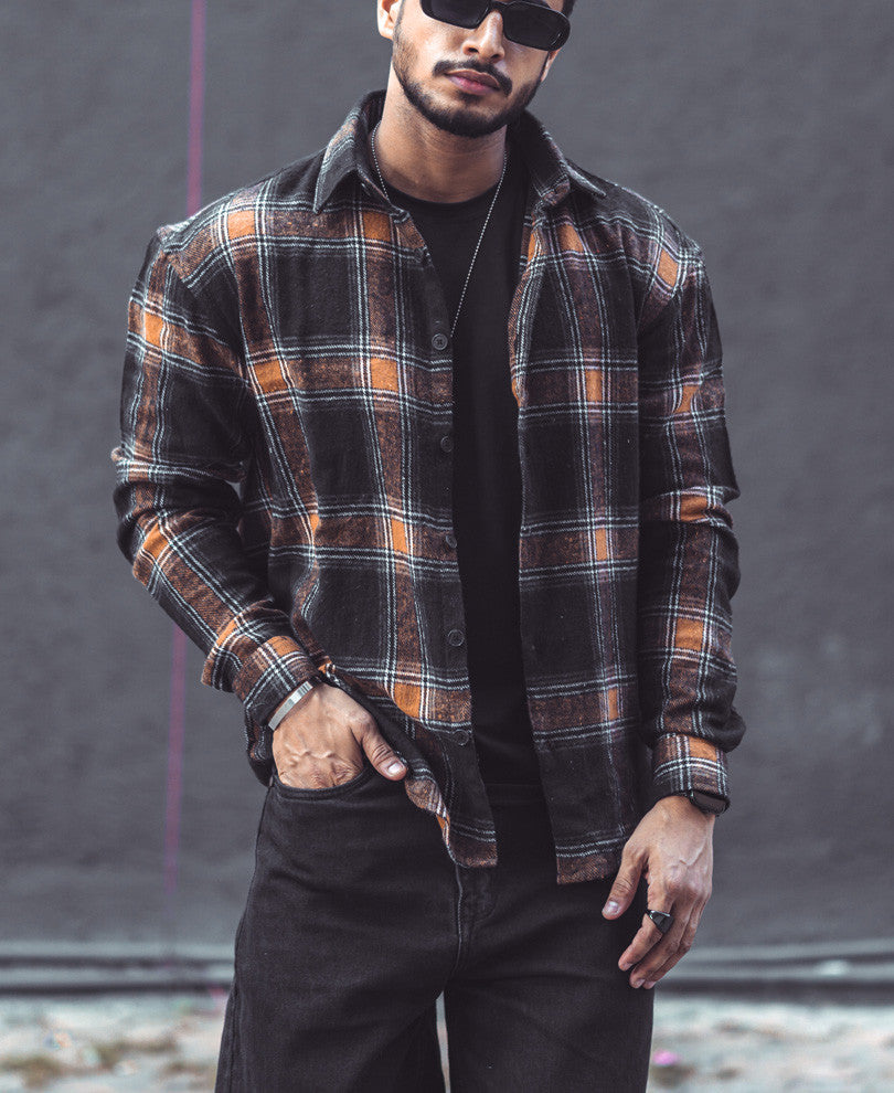 Black And Camel Checks Oversize Drop Shoulder Shirt