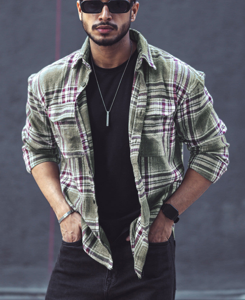 Olive Green Pocket Checks Oversize Drop Shoulder Shirt