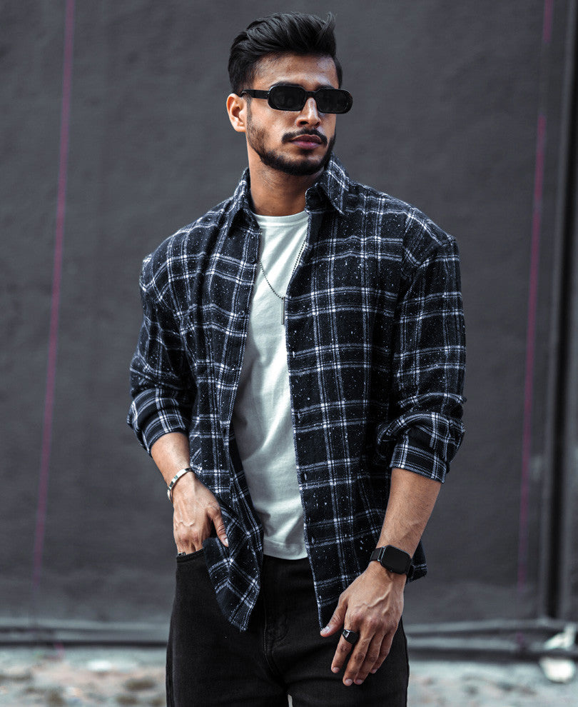 Dusty Black Plaid Checks Oversize Drop Shoulder Shirt