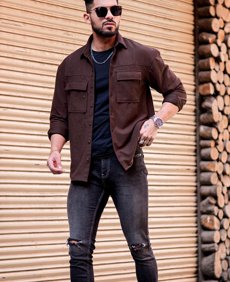 Dark Brown Shacket Pocket Oversize Drop Shoulder Shirt