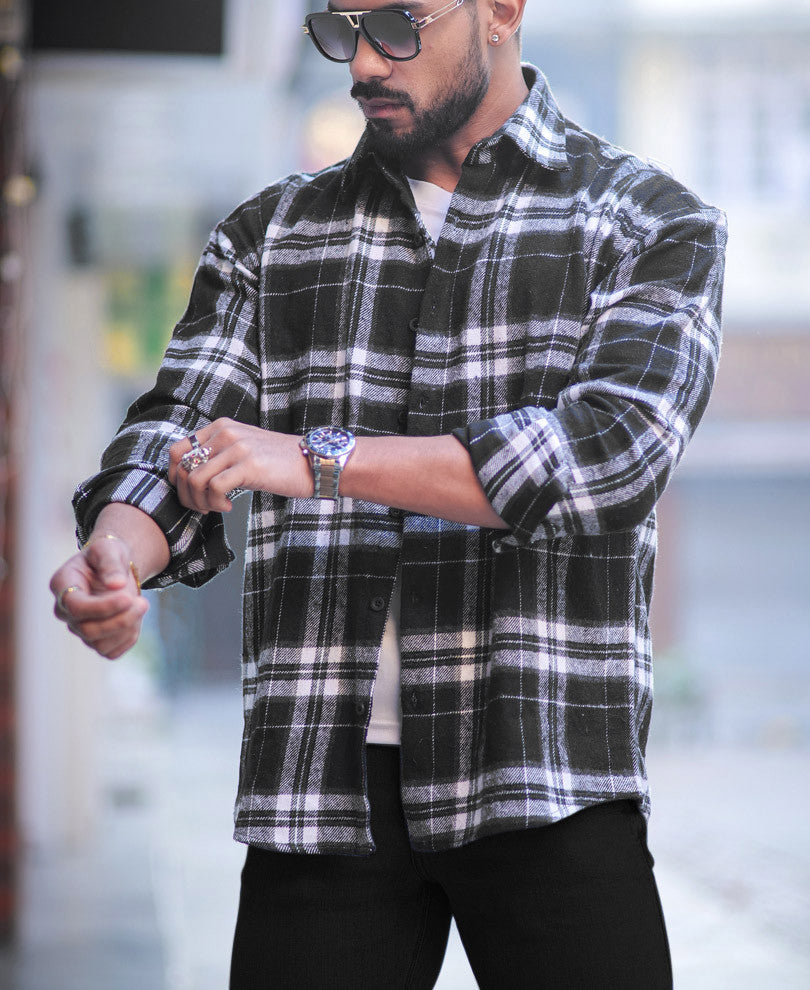 Black Plaid Checks Oversize Drop Shoulder Shirt D