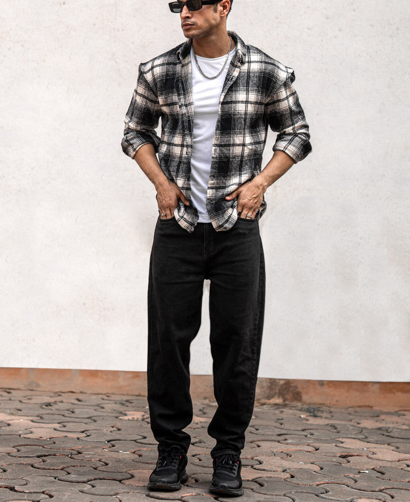 Cream And Black Checks Oversize Drop Shoulder Shirt