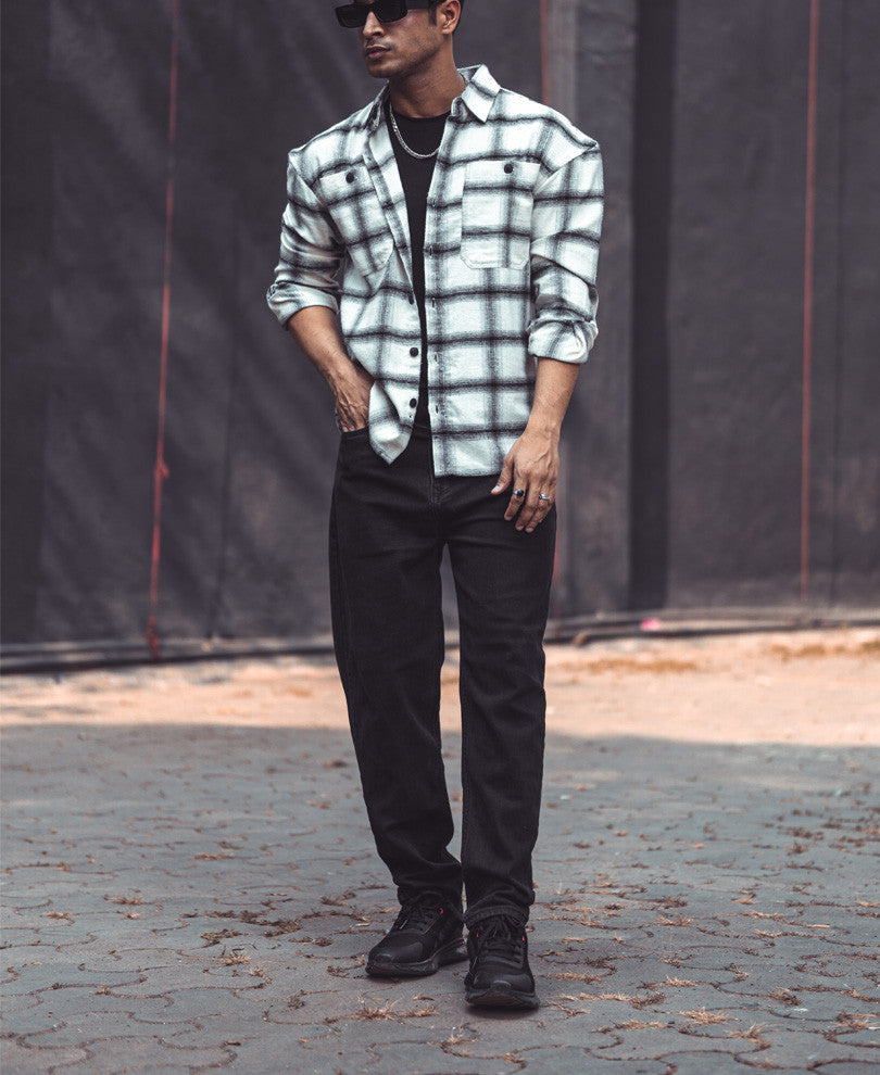 White Checks Pocket Oversize Drop Shoulder Shirt