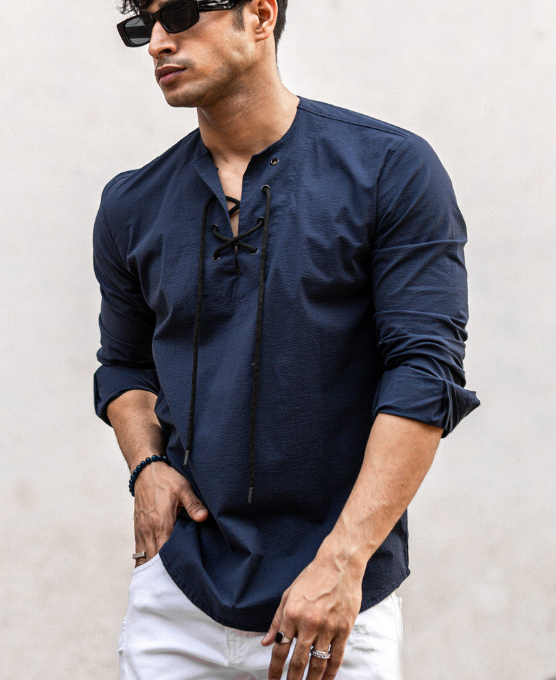 Navy Blue Plain Kurta Style Full Sleeves Shirt