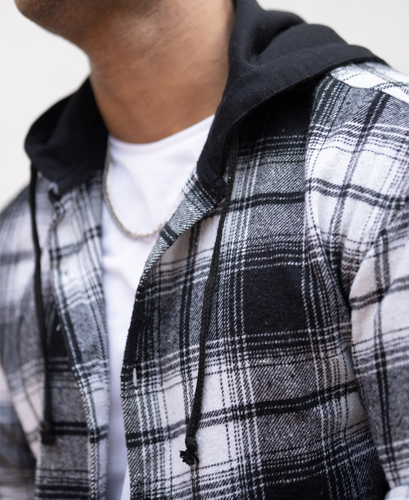 Black Check Hoodie Oversize Drop Shoulder Shirt