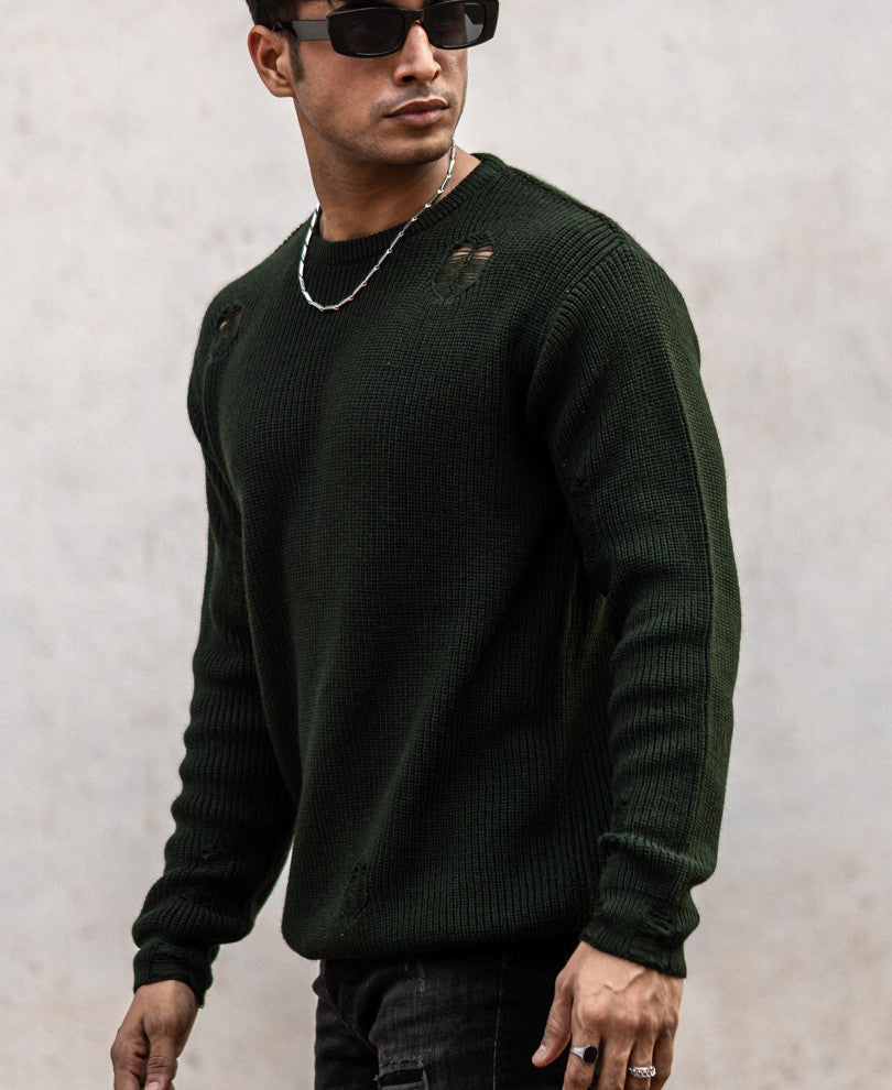 Olive Green Round Neck Full Sleeves Sweatshirt