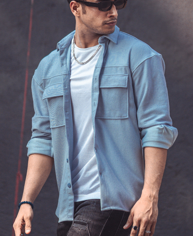 Sky Blue Chest Pocket Oversize Drop Shoulder Shirt