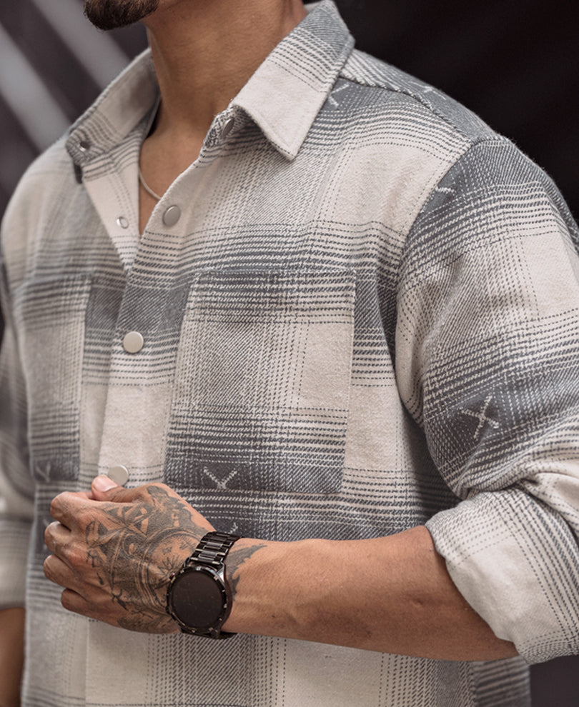 Grey and Off White Flannel Regular Fit Full Sleeves Shirt