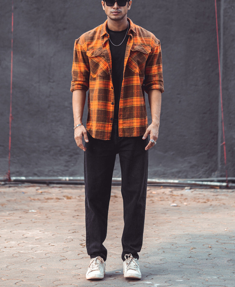 Orange Checks Pocket Oversize Drop Shoulder Shirt
