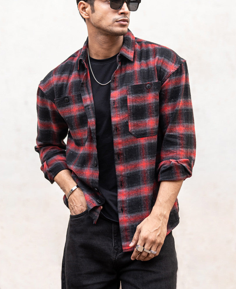 Red Pocket Checks Oversize Drop Shoulder Shirt