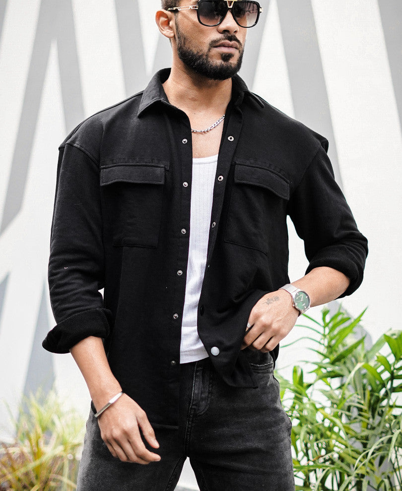 Black Chest Pocket Oversize Drop Shoulder Shirt D