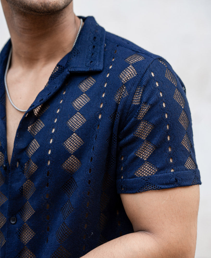 Navy Blue Sheer Pattern Half Sleeves Shirt