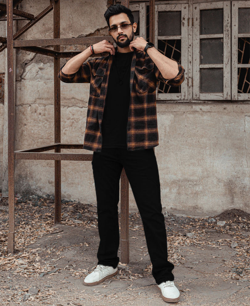 Brown Plaid Checks Oversize Drop Shoulder Shirt