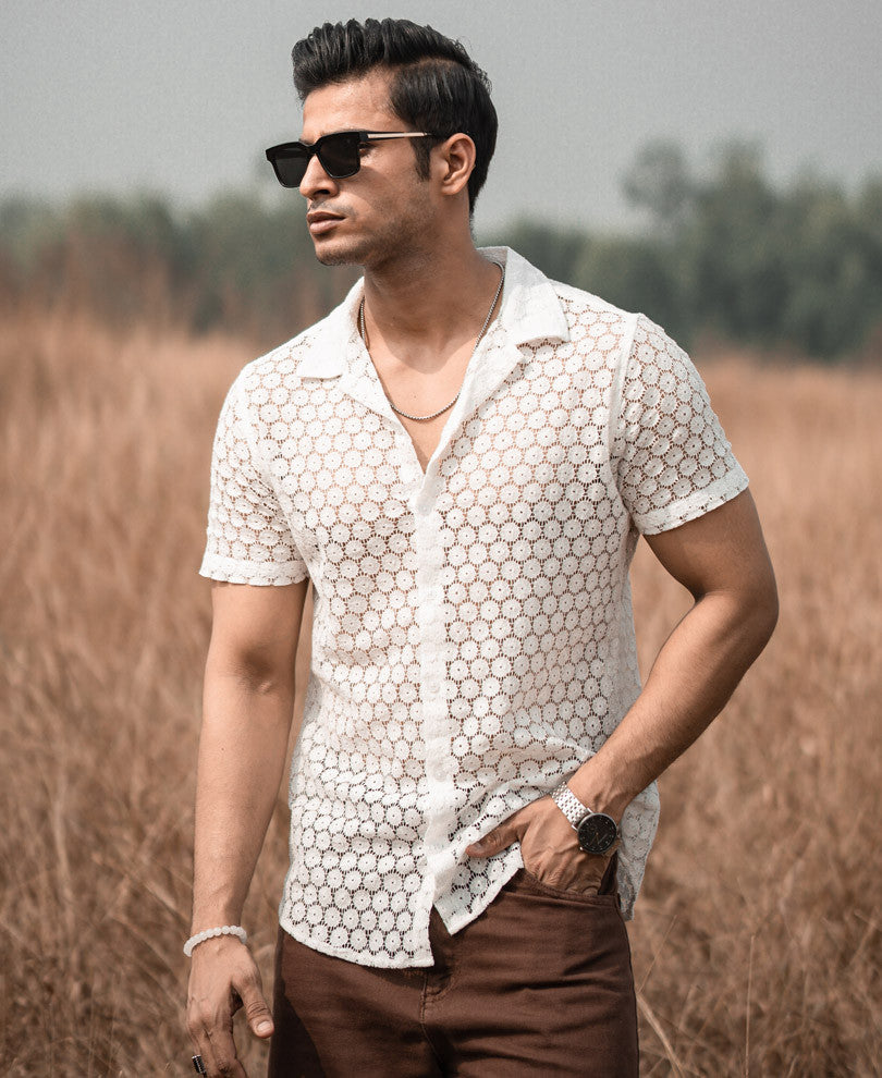 White Sheer Pattern Half Sleeves Shirt