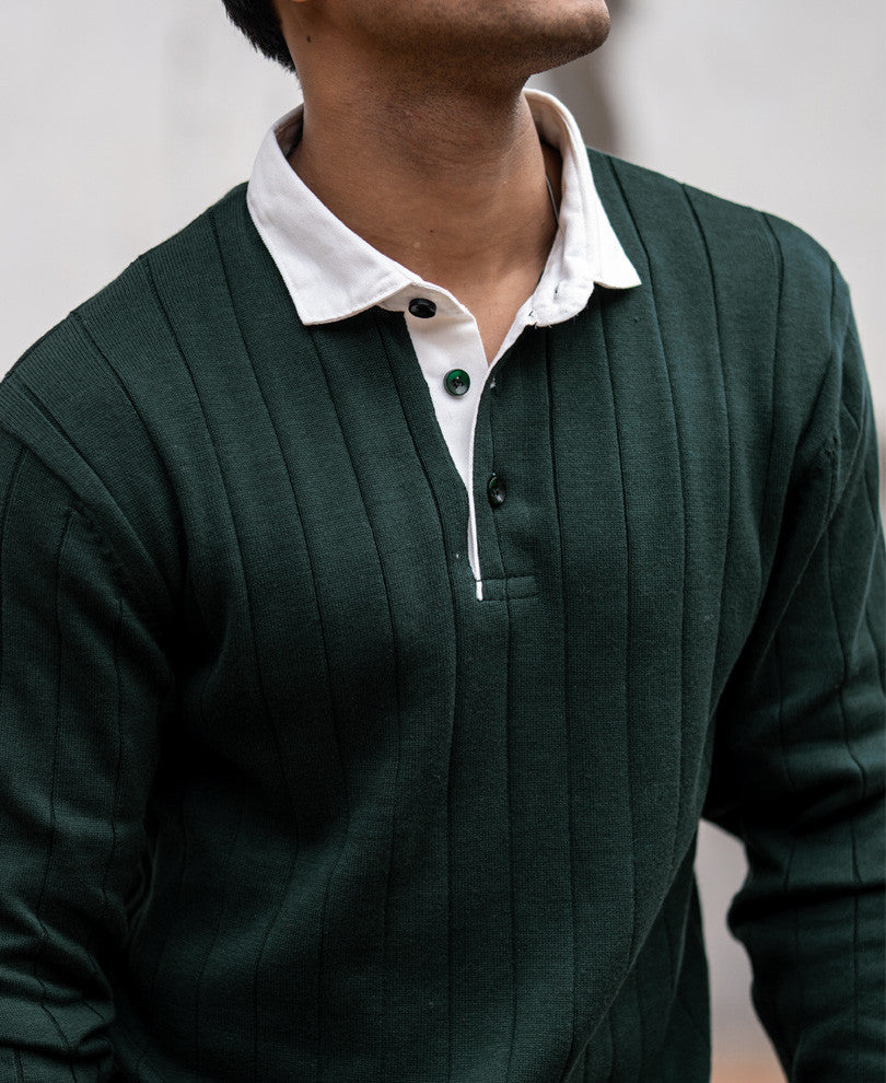 Bottle Green Polo Collar Full Sleeves Sweatshirt