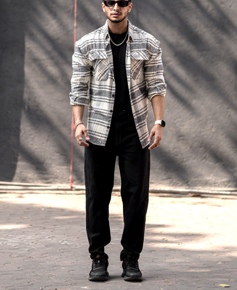 Cream Flannel Check Oversize Drop Shoulder Shirt