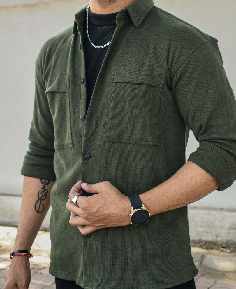 Dark Green Chest Pocket Oversize Drop Shoulder Shirt