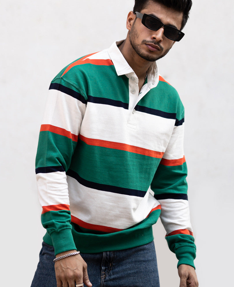 Green Striped Polo Collar Full Sleeves Sweatshirt